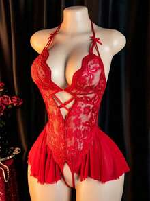 Lingerie, Open Crotch Design, Lace Skeleton Jumpsuit, Elegant Women's Jumpsuit, Bed Seduction Clothes, Passion Robe - [Màu đỏ] - Xem 1
