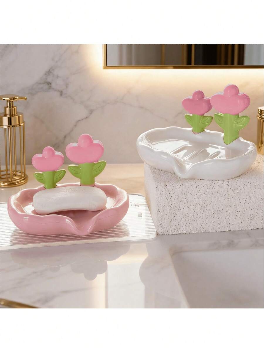 轻奢浴室皂盒带排水口 - 时尚花朵造型皂架，适合优雅卫生间