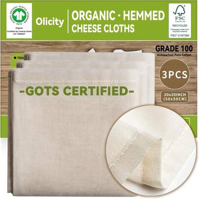 Organic Cheese Cloths,  Certified, 3PCS, Grade 100, 20x20Inch Heed Cheese Cloth Fabric Reusable Fine Mesh Cloth, 100% Cotton Unbleacheuslin Cheesecloth For Straining, Cooking, Juice, Herbs,26165560