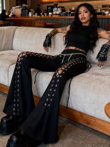 Sexy Gothic Fashion, Alternative Clothing Women, Clubwear Outfit, Punk Outfit, Grunge Pants, Y2k Streetwear, Black Bell Bottoms, Gothic Pants, Lace-Up Flared Pants - 黑色 - 查看 5