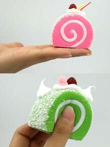 1pc Realistic Simulation Cake Dessert Squeeze Toy, Mixed Fake Cake Food Model, Home Decor Handmade Photography Prop, Fake Swiss Roll, Kitchen Home Decoration Display - Pink - View 5