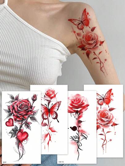 4pcs Red Rose & Butterfly Temporary Tattoo Stickers, Sexy Fake Tattoos For Women, Waterproof, Applicable For Arms, Waist, Legs And Feet, Suitable For Festivals, Performances, Parties And Body Decoration