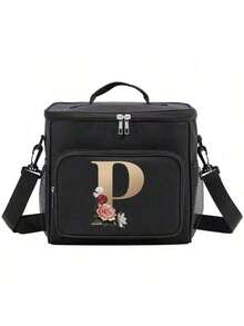 Insulated Lunch Box Bag Shoulder Canvas Bags Thermal Lunch Box Initial Name A To Z Gold Letter Flower Printing Large Capacity Tote Bag For Women's Portable Work Food Storage Handbags Cooler Box For Office School Picnic Camping Travel Lunch Bag Woman For Women Ladies School Supplies Stuff Accessories - màu đen - Xem 14