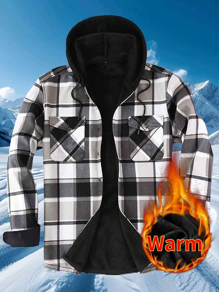 1pc Men's Plaid Button-Down Collar Long Sleeve Shacket With Chest Pocket, Regular Fit, Thermal Lined, Thickened Button-Up Sherpa Warm Flannel Shacket, Fall/Winter