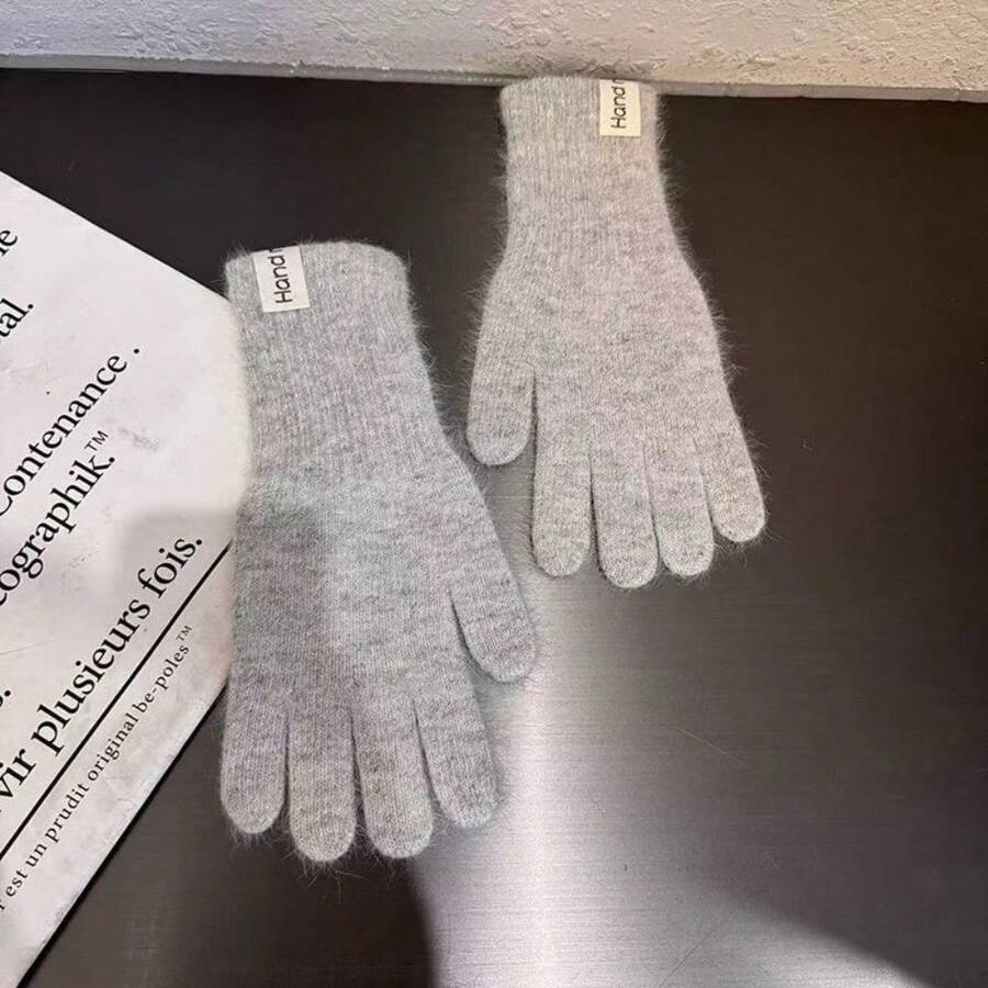 Guantes largos de piel de conejo de color caramelo, guantes de punto de unicolor gruesos y cálidos a prueba de frío para mujer, para ciclismo de cinco dedos - A - Ver 1