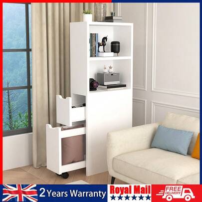OYAJIA Narrow Cabinet With 2 Recessed Drawers With Wheels & 2 Open Shelves Cabinet For Kitchen Bathroom And Cellar 19cm Wide White