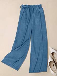Pantaloni largi cu talie elastică, model 3D în relief, casual, versatili pentru primăvară și vară, potriviți pentru festivaluri, plajă, ținute rustice pentru femei - Albastru - Vizualizare 3