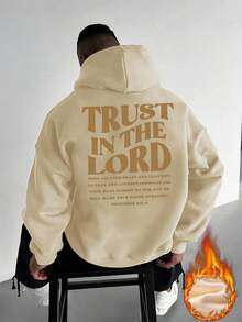 男士休闲连帽衫，印有信仰与励志图案，适合秋冬季节，长袖上衣 - 杏色 - 查看 2