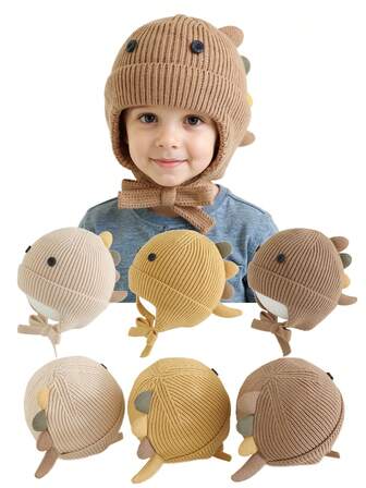 1顶恐龙图案钩针编织男童帽，适合幼儿，保暖防风防寒，带耳罩，适合秋冬春季佩戴。