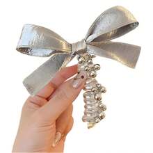 2 Pcs Bow Spiral Hair Ties Silver Bowknot Braided Telephone Wire Hair Bands Elastic Ponytail Holders Phone Cord Hair Scrunchies Hair Accessories For Women - 銀色 - 查看 3