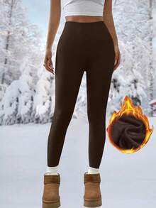 女士纯色高腰紧身裤，健身紧身裤，柔软瑜伽裤，女装，女士春季紧身裤 - 棕色 - 查看 2