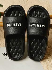 Men's Black Slippers - Fashionable Matching Multifunctional FASHION Letter Unisex Slippers, EVA Material Thick Soles, Waterproof, Non-Slip, Quick-Drying, Suitable For Indoor And Outdoor Wear, Casual Couple Slippers/House Slippers For Summer, Non-Slip For Hotel, Bathroom, Bedroom, Indoor, Outdoor, Beach, Swimming, Fashionable Style, Plus Size, Comfortable, Open-Toe Men's Sandals, Comfortable Slide Slippers Essential For Apartment, Hotel, Bedroom, Office