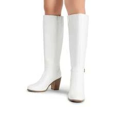Botas altas de mujer con tacón grueso y bloque, cremallera lateral, puntera puntiaguda, botas de montar cómodas para otoño, botas altas de ante - Blanco - Ver 4