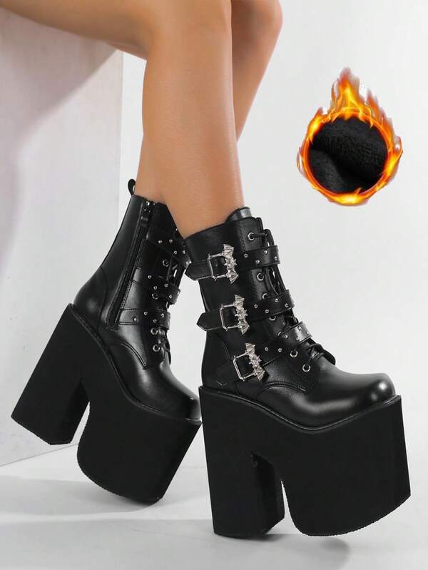 Botas femininas de cano médio estilo gótico punk com fivela, salto altíssimo e plataforma, ideais para festas no inverno. Botas de cavaleiro com zíper lateral, sola grossa e forro de pele.