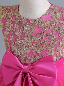 女童蝴蝶结薄纱公主裙短袖派对选美生日婚礼花童连衣裙 - 玫紅色 - 查看 5