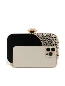 Bolso de mano para con asa de metal, bolso de noche con diamantes, bolso de mano dorado para boda, bolso de hombro con cadena, bolso pequeño - Negro - Ver 4