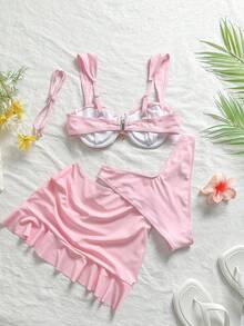 3 件套纯色褶皱分体泳衣套装，配有可调节宽肩带和钢圈设计，为女性带来舒适支撑，打造时尚海滩风格，非常适合夏季海滩和泳池派对 - 粉色 - 查看 4