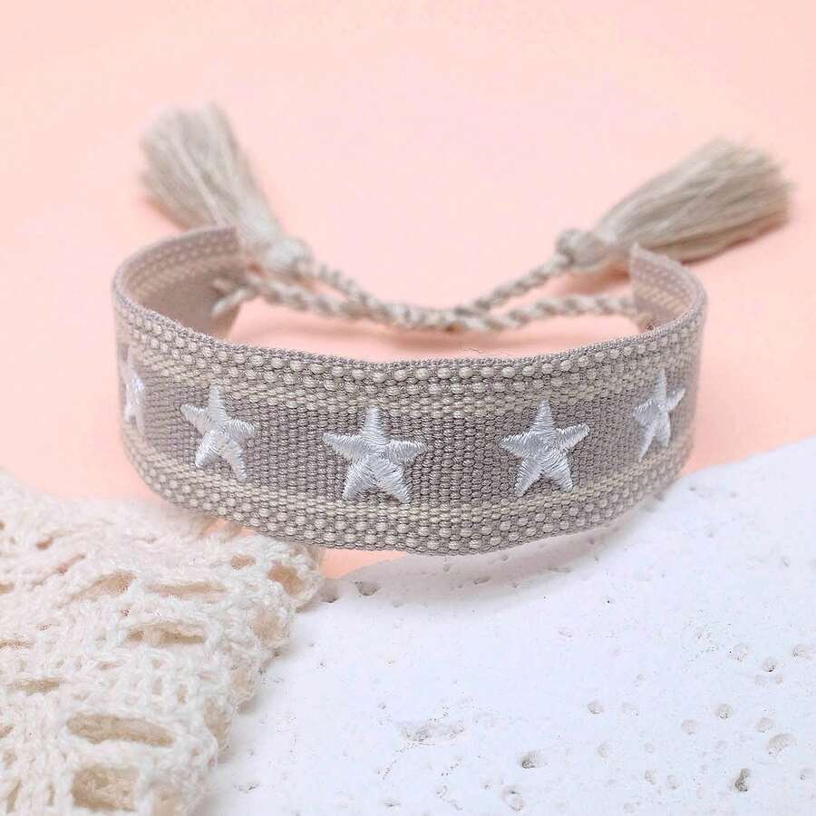 1pc Handmade Embroidered Pentagram Bracelet - Grey - View 1