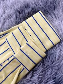 Casual Women's Yellow And Blue Striped Long Sleeve Drop Shoulder Collared Polyester Shirt Blouse With Button Details Regular Length - 黃色 - 查看 5