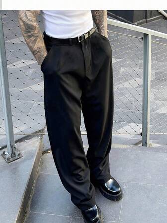 Men's Mid-Rise Straight Leg Casual Business Formal Black Suit Pants, Slim Fit Versatile For Commuting And Business Occasions, All Seasons