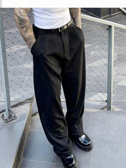 Men's Casual Slim Fit Solid Color Slant Pocket Loose Suit Pants, Versatile Formal Trousers, Japanese & Korean Street Fashion