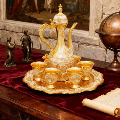 Turkish Tea Set, Vintage Metal Turkish Coffee Pot Set , Vintage Turkish Coffee Set With Pot And 6 Cups For Home Decor Birthday Christmas Housewarming Wedding