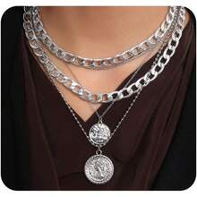Layered Coin Pendant Necklace, Vintage Gold-Plated Thick Chain Layered Necklace, Aesthetic Exaggerated Round Pendant Collarbone Necklace For Women - 銀色 - 查看 8