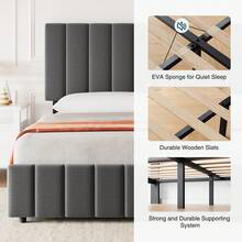 Estructura de cama tapizada con 4 cajones, plataforma de cama de terciopelo tamaño matrimonial con cabecera ajustable de lino, soporte de listones de madera, no necesita somier, color gris. - Gris - Ver 4