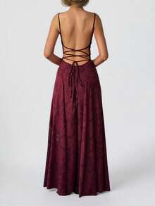 Women's Autumn Spaghetti Strap Backless Lace Dress, Sexy And Elegant, Suitable For Vacation, Outing, Date, Back To School, Christmas And Other Occasions - Burgundy - View 2