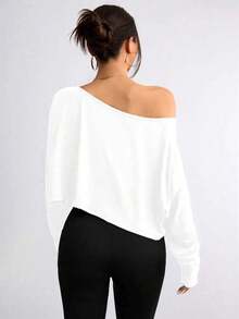Women's Casual Off-Shoulder Long-Sleeved T-Shirt With Elasticated Pure Color Top Suitable For Daily Spring Wear And Machine Washable Lining - White - View 3