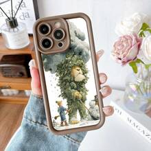Cubierta de teléfono con borde negro diseño de oso y niño en invierno escena nevada para iPhone 14 Pro Max uso diario y regalo - Blanco - Ver 5
