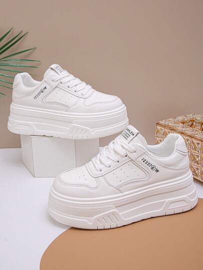 Women's Platform Sneakers, Solid Color Casual Lace-Up Comfortable Shoes For Spring And Autumn