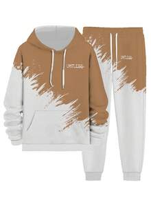 Set di felpa con cappuccio e pantaloni casual da uomo - Moda autunno/inverno, vestibilità comoda regular, stampa "LIMITLESS", bianco con scritte nere, abbigliamento casual | Felpa con cappuccio | Vestibilità comoda, felpa con cappuccio - Arancione - Visualizzare 3