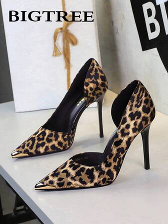 Tacones altos con estampado de leopardo sexy, tacones de aguja con decoración metálica y corte lateral, zapatos versátiles para fiestas formales para mujeres