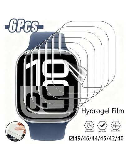 Bộ 6 miếng dán màn hình Hydrogel siêu mỏng tương thích với Apple Watch Series 10/9/8/7/6/5/4/SE (Kích thước: 38mm, 40mm, 41mm, 42mm, 44mm, 45mm, 49mm, S10-42mm, S10-46mm) - Chống trầy xước, chống bẩn và chống nứt