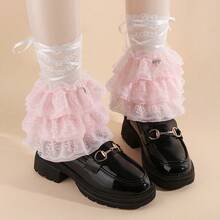 Japanese Style Cute Lolita Lace Trim Leg Warmers Women's Mid-Calf Socks JK Academy Style Bowknot Dress Up Calf Pile Socks - 粉紅色 - 查看 12