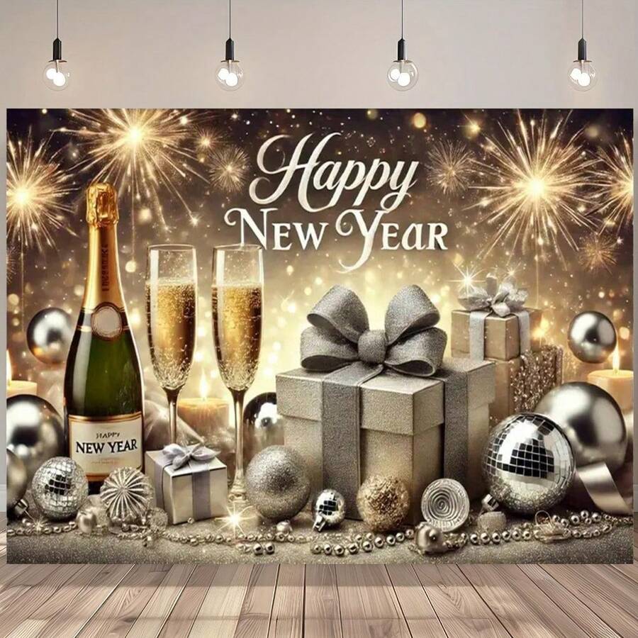 1 Piece Of Happy New Year Fireworks Gift Shiny Polyester Fabric Background Cloth, Bright Polyester Fabric, Suitable For Living Room, Bedroom, Office Or Party Decoration, Party Background Cloth, New Year's Eve Theme Decoration, Multiple Sizes Can Be Selected - Multicolor - View 1