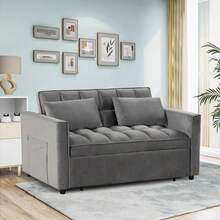 3 In 1 Convertible Sleeper Sofa Bed, Modern Velvet Loveseat Couch Pullout Bed For Living Room, Small Love Seat Lounge Sofa With Reclining Backrest, Pillows And Side Storage Pocket - Xám - Xem 2