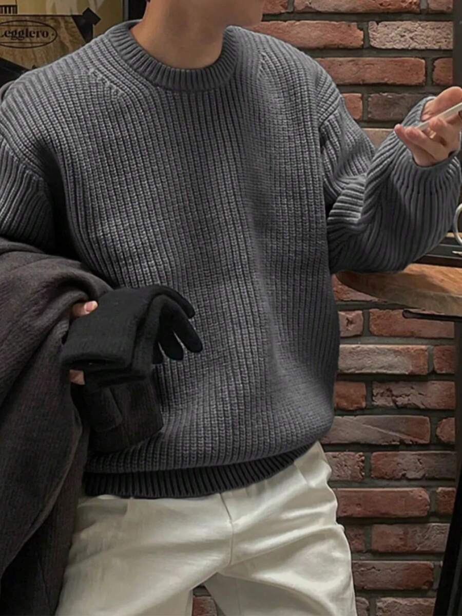 ANDREILEE 秋冬保暖宽松休闲纹理高街男女通用毛衣，简约落肩长袖针织套头衫 - 灰色 - 查看 1