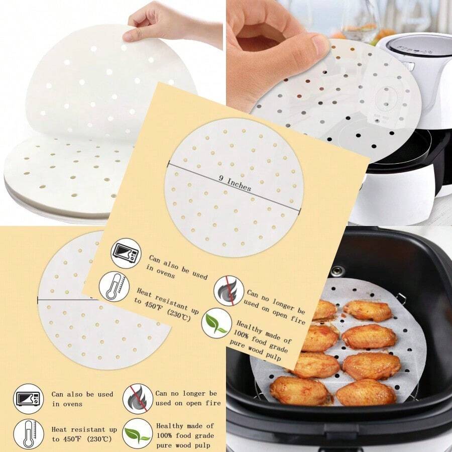 Air Fryer Liners - 7" 8.5" 9"10" Parchment Paper Bamboo Steamer Liners Perforated Anti-Stick Waterproof 100% Pure Raw Wood Pulp By - màu đen - Xem 1