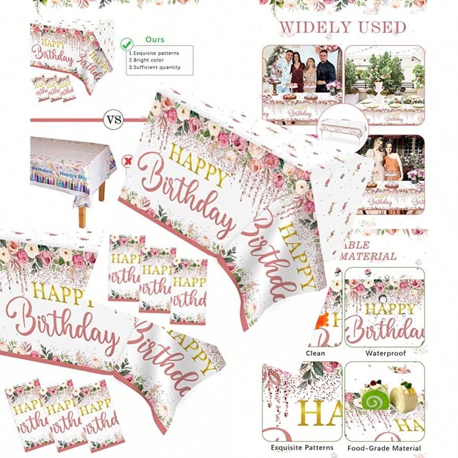 3 Pieces Happy Birthday Tablecloth Party Decorations Large Size 54 X 108 Inch Rectangular Plastic Birthday Table Cover Pink Rose Gold Birthday Tablecloth For Women Girls - Vàng hồng - Xem 1