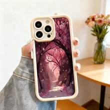Cubierta de teléfono con borde negro diseño de cerezo en flor camino rosado para iPhone 14 Pro Max estilo japonés elegante para uso diario y regalo - Café integral - Ver 4