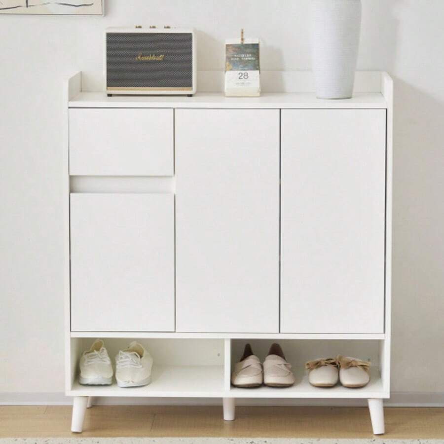 Dresser/Sideboard/Shoe Rack With Adjustable Shelves – Minimalist Home Organizer With Solid Wood Legs – Dimensions: H 99cm X W 90cm X D 35cm - White - View 1