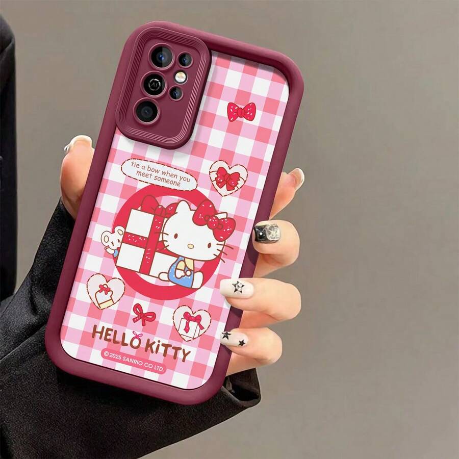 Miniso Phone Case With Hello Kitty Print, Featuring Pink & White Gingham Pattern, "Tie A Bow When You Meet Someone" Slogan, Red Bows, Heart - Shaped Elements, Gift Box & "HELLO KITTY" Text   For Samsung Galaxy S25 Ultra/S25 Plus/S25/ Galaxy S24 Ultra/S24 Plus/S24/S24 FE/S23 Ultra/S23 FE/S22Ultra/S22 Plus/S22/S21 Ultra/S21 Plus/S21/S21 FE/A13/A14/A15/A16/A17/A33/A34/A35/A36/A52/A53/A54/Galaxy Note20Ultra/Galaxy Note20,Galaxy S25 Case,Galaxy S25 Case,Galaxy S25 Ultra Case Plus Stocking Stuffers,The Girlfriend,The Chosen,Early Fall Fashion. - 酒紅色 - 查看 1