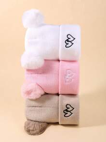 1pc/3pcs Set Solid Color Warm Knit Hat, Suitable For Autumn/Winter Wear For Babies, Girls And Boys, With Heart Embroidery Design, Warm Family Gathering Gift For Babies - Multicolor - View 3