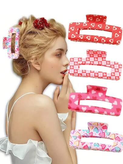 1pc Cute Heart Print Hair Claw Clip, Large Size Elegant & Charming Hair Accessory For Women, Suitable For Daily, Party, Date, New Year, Valentine's Day, Mother's Day, Holiday Gift