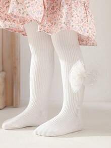 1件装女童白色珍珠蝴蝶结基础款打底裤，甜美女孩日常穿着 - 白色 - 查看 8