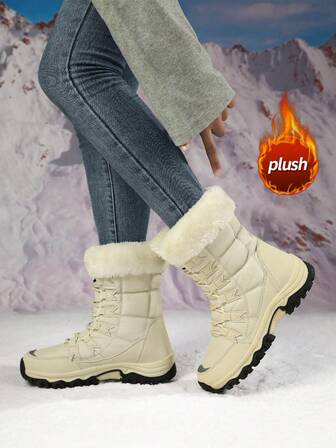 Women's Snow Boots, New Autumn/Winter High-Top Mid-Calf Lace-Up Comfortable Thick-Soled Non-Slip Durable Solid Black Casual Boots, Suitable For Young Women, Fashionable Outdoor Hiking Trekking, Warm And Waterproof