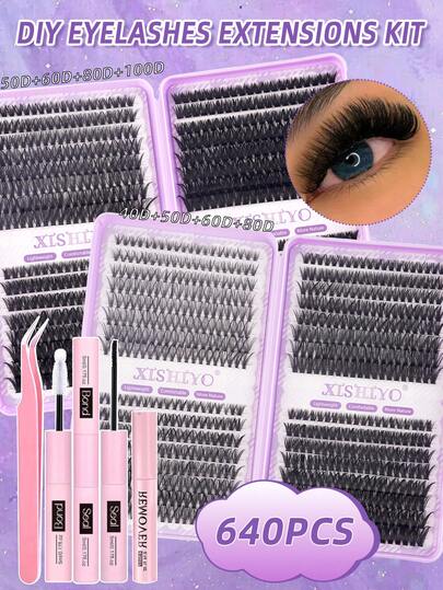 640pcs Eyelash Cluster, Cluster Eyelashes, False Eyelashes, DIY Eyelash Bundle Set - Large Capacity DD Curled, Mixed Length, Natural Super Thick Fluffy Delicate Super Soft Reusable False Eyelashes, Eyelash Extension Kit Suitable For Beginners, Great For Daily Wear, Weddings, Parties, Music Events, Essential For Halloween And Christmas