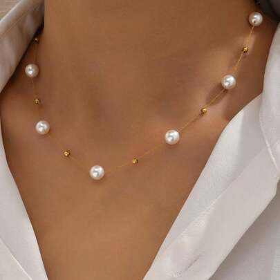 18k Gold Plated 1pc Stainless Steel Beaded Necklace, Suitable For Daily Wear And Holiday Gifts For Friends